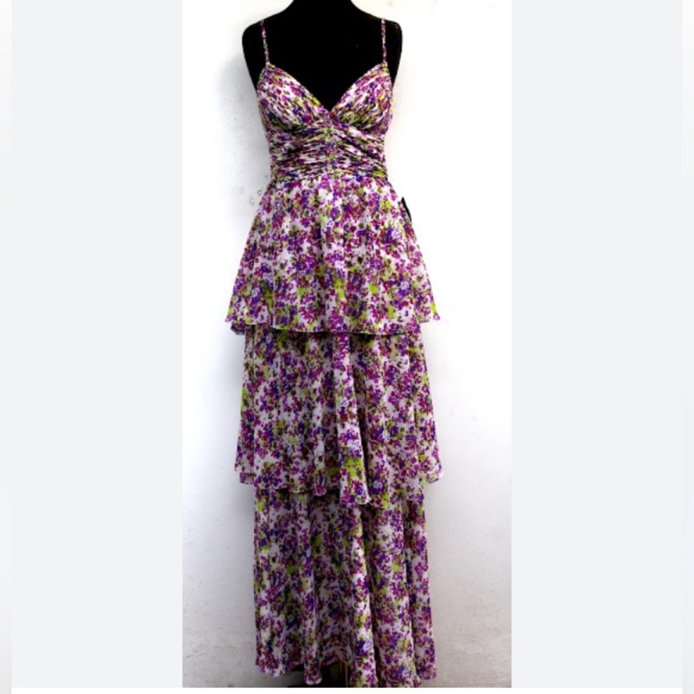 Aidan Mattox Purple and Green Floral Maxi Dress - Picture 2 of 8